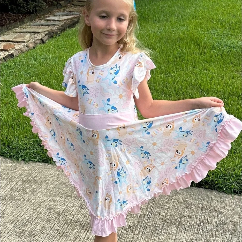 Bluey Bingo Ruffle Bow Back Twirl Girls Dress